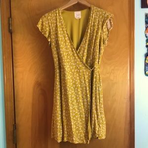 Mustard yellow floral wrap dress
